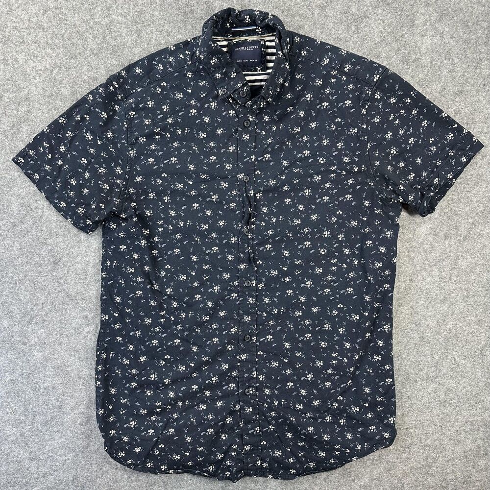 Denim & Flower Shirt Mens Small Navy Blue Floral Short Sleeve Button Up Stretch